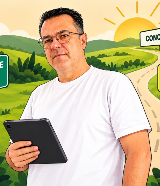 Ilustração do Fábio Mendes, criador do JBK $fin, segurando um tablet